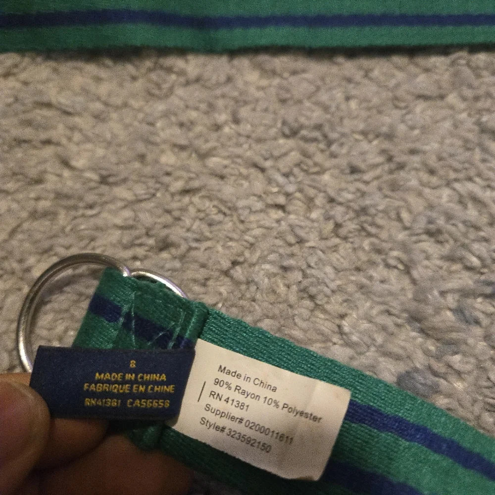 Polo Ralph Lauren D-Ring Webbing Belt Green Blue Striped Canvas Size 8